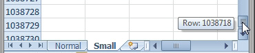 ... now, the scrollbar is very tiny. Scroll all the way to the bottom, and you are at row 1,038,729. Even though the data ended at row 41, Excel thinks there is something useful down here in the million-row territory.