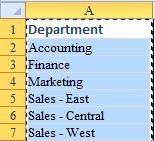 A list of departments in A1:A7 is selected and copied to the clipboard.