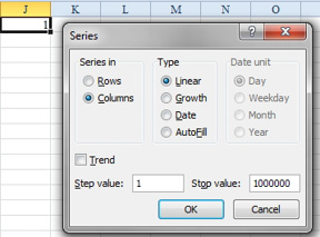 Type the number 1 in J1. In the Series dialog, change from Rows to Columns. Leave the type as Linear. Leave the Step Value as 1. Change the Stop value to 1 million. When you click OK, Excel will fill a million sequential numbers.