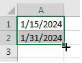 Two dates appear in A1 and A2. 1/15/2024 is in A1. 1/31/2024 is in A2. Both cells are selected and you are about to right-click the fill handle and drag the fill handle down. This will fill the 15th and last of each month.
