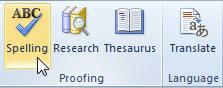 The Proofing group offers Spelling, Research, and Thesaurus