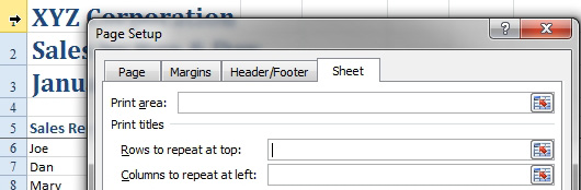 Go to the Sheet tab in the Page Setup dialog. There is a Print Titles setting called Rows to Repeat at Top. Enter 1:5 there.