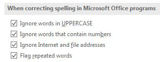 The default spell check settings say to ignore words in UPPERCASE, words that contain numbers, Internet web addresses. It will also flag flag repeated words.