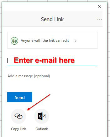 Generating a sharing link. You can either enter an e-mail or choose Copy Link or Outlook.