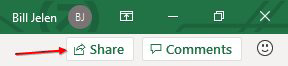The Share button and a Comments button are in the top right of Excel, just below the buttons to minimize or maximize the window.