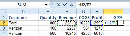You can create a formula of +H2/F2.  Excel will add an equals sign before the formula.