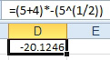 Use parentheses to control the order of operations: the formula =(5+4)*-(5^(1/2)) will yield the answer -20.1246