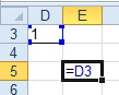This figure is the first to illustrate how a reference will be copied. The starting formula in cell E5 is =D3.