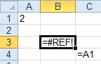 Copy the =A1 formula from C4 and paste in B3. This formula wants to point to row 0 and the column to the left of column A. Since neither of those exist, you get a =#REF! error.