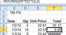 Copy the formula from row 4 to all rows. Look at the formula in F5. The references to D4 and E4 correctly changed to D5 and E5. However, the part of the formula pointing to C1 incorrectly changed to C2. This part of the formula needs to stay pointing to C1. Change the formula to refer to $C$1 instead. 