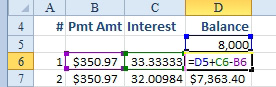 In edit mode, and back in A1 style referencing, the formula is simple. The balance above me plus this month's interest one cell to the left minus the payment two cells to the left. From cell D6, the formula reads =D5+C6-B6.