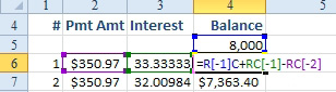 Convert Excel to R1C1 mode. The formula from the previous figure is using =R[-1]C to point to the row above me. It used +RC[-1] to point to the column to the left of me. It uses -RC[-2] to point to the cell two columns to the left.