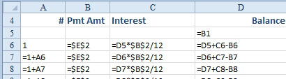 The same amortization table, still in Show Formulas mode, but now back in A1 style. Every formula in every cell is different.