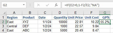 A Gross Profit Percent formula in G2 currently points to several cells in row 2.