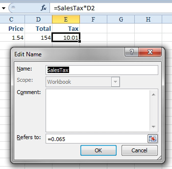 A formula in E2 is =SalesTax*D2. The Edit Name box is open, showing how SalesTax is defined as =0.065.