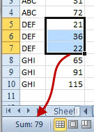 Three numbers are selected in the grid (21, 36, and 22). Look in the Status Bar at the bottom and Excel reports Sum: 79.