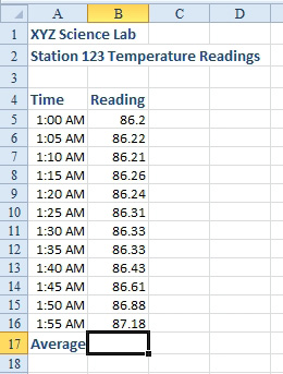 There are a series of temperature readings in B5:B16. You are in B17 and want an average of the numbers in the column.