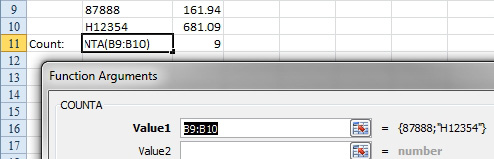 Excel incorrectly guesses that you want to COUNTA only B9:B10. You have to specify a new range in the Function Arguments dialog.
