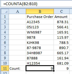 The formula =COUNTA(B2:B10) in B11 now correctly counts the text and numeric entries.