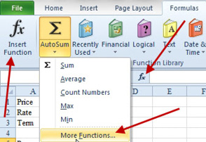 If you open the AutoSum drop-down, the last entry is More Functions. This is the same as choosing the italics "fx" icon to the left of the Formula Bar. It is also the same as choosing the Insert Function icon on the left side of the Formulas tab. 