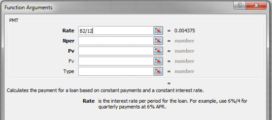 In the Rate box for the PMT function. Help tells you to enter the interest rate per period of 6%/4. You click on B12 and then divided by 12. An intermediate result shows you this os 0.004375