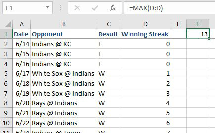 Column C contains 162 game results, either W for Win or L for Loss. You want to calculate the longest winning streak.