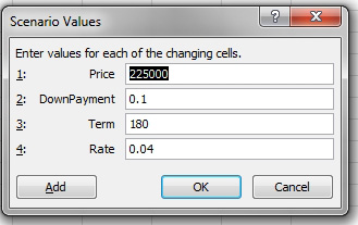 Building a new scenario using the Scenario Values dialog. You have to enter four numbers: Price, Down Payment, Term, and Rate.