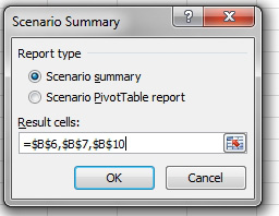 In the Scenario Summary dialog, choose either a Summary or a Pivot Table. Choose which cells are the result cells to include in the report.