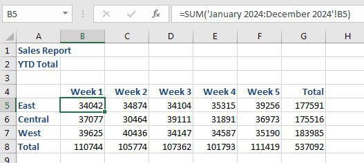 If the worksheet name contains spaces or other non-alpha characters, you have to wrap the sheet name in apostophes:  =SUM('Jan 2024:Dec 2024'!B5)