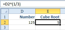 Excel has functions for square root, but not cube roots. What number when multiplied by itself three times is 125? Put 125 in D2 and use =D2^(1/3) to calculate the cube root of 5.