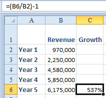 Here is a tricky calculation. Revenue in Year 1 was $970 thousand. Revenue in Year 6 is 6.175 million. Over the four years, revenue grew by (B6/B2)-1 or 537%. But that is not the compounded growth rate.