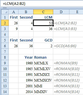 Excel has functions to calculate Least Common Multiple and Greatest Common Denominator.