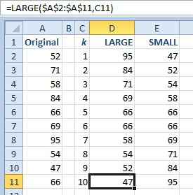 Ten numbers appear in A2:A11. The numbers 1-10 appear in C2:C11. The figure shows sorting high to low using =LARGE($A$2:$A$11,C2) and copying down. Also sorting low to high using =SMALL with the same arguments. 