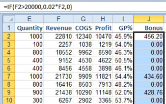 Calculate the bonus in column J if Revenue in F is over $20 thousand.