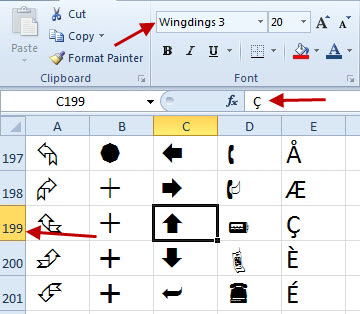Character 199 in Wingdings3 font is an upward-pointing arrow.