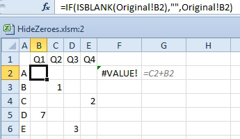 One solution is an IF statement: =IF(ISBLANK(Original!B2),"",Original!B2)