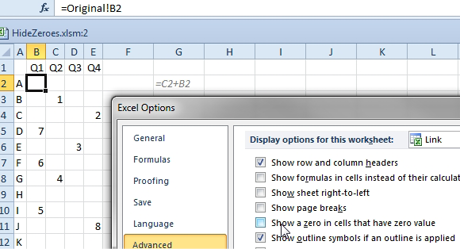 But an easier way could be File, Options, Advanced, Display Options For This Worksheet and unselect the checkbox for Show a Zero In Cells That Have a Zero Value.