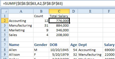 Instead of counting people by department, you want to add the total salary per department. =SUMIF($E$8:$E$63,A2,$F$8:$F$63). 