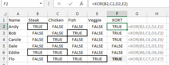 The XOR function counts if the number of TRUE arguments is odd.