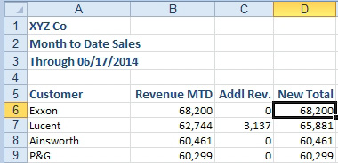The original list with customers in A, MTD revenue in B, additional revenue from today in C. Finally, a New Total adds column B and Column C.