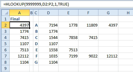 To find the last number in each row, do an HLOOKUP for 9999999 with a ,True at the end of the VLOOKUP.