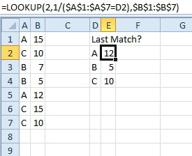Before XLOOKUP, you would have to LOOKUP(2, where the lookup vector is 1/(A1:A7=D2. This formula segment delivers a lot of Division by Zero values and some numbers. By searching for a 2, you are repeating the trick where you are looking for an impossibly large number, and you get the last match. 