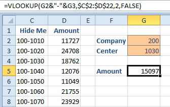 The VLOOKUP becomes =VLOOKUP(G2&"-"&G3 into the HideMe column.