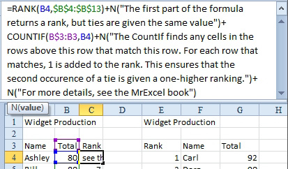 The formula from the previous figure with three comments. The comments use =N("this is a comment") style comments. The N of text is zero, so adding zero does not change the answer in the cell.
