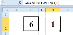 Create a pair of dice using =RANDBETWEEN(1,6)