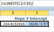 Select E2:F2. Type a formula of =LINEST(C2:C35) but don't press Enter. Instead, press Ctrl+Shift+Enter. Cell E2 contains the slope. F contains the Y-intercept. The forecast will be =F$2+A2*#E#2