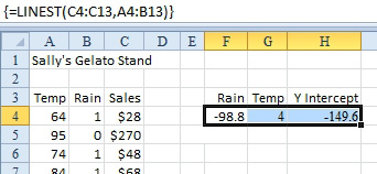Choose three horizontal cells. Type =LINEST(C4:C13,A4:B13) and press Ctrl+Shift+Enter. The coefficient for Rain is first, then Temperature, then the Y-Intercept.
