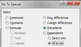 In the Go To Special dialog, choose Precedents and then All Levels. 