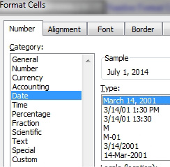 In the Format Cells dialog, choose Number tab. There are categories for General, Number, Currency, Accounting, Date, Time, Percentage, Fraction, Scientific, Text, Special and Custom. Click on the Date category and over a dozen samples appear in the Type box. 
