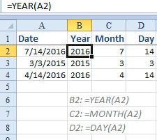 To get the year, month, or day from a date, use =YEAR(A2), =MONTH(A2) or =DAY(A2)